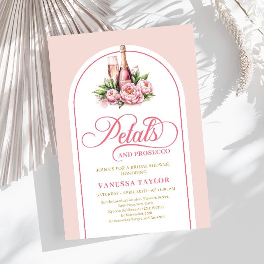 Boho petals and prosecco invite blush gold tones kaart