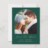 Boho Photo Arch Emerald Green Gold Bewaar de datum Magnetische Uitnodiging (Voorkant)