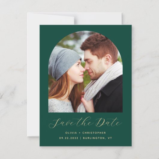 Boho Photo Arch Emerald Green Gold Bewaar de datum Magnetische Uitnodiging (Voorkant)
