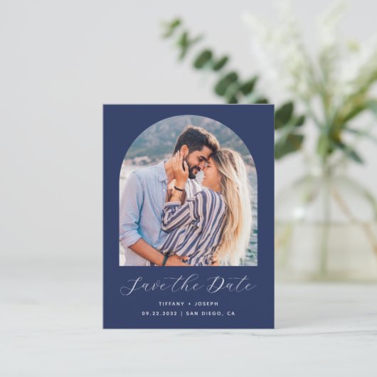Boho Photo Arch Navy Blue Bewaar de datum Briefkaart (Staand voorkant)