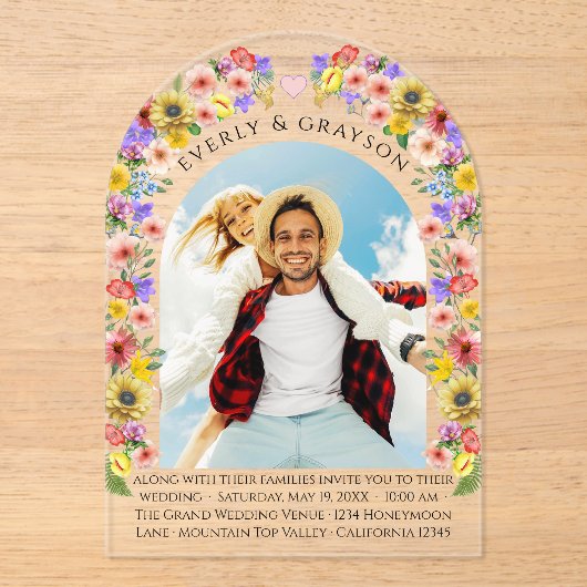 Boho Photo Arch Wildflower Bloom Wedding Acryl Uitnodigingen (Voorkant)