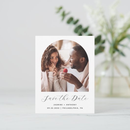 Boho Photo Arch Zwart Wit QR Code Bewaar de datum Briefkaart (Staand voorkant)