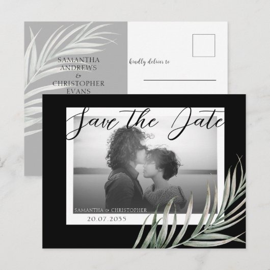 Boho Photo Foliage Black & White Save the Date Briefkaart (Voorkant / Achterkant)