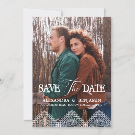 Boho Photo Lace Effect Whimsical Typography Save The Date (Voorkant)