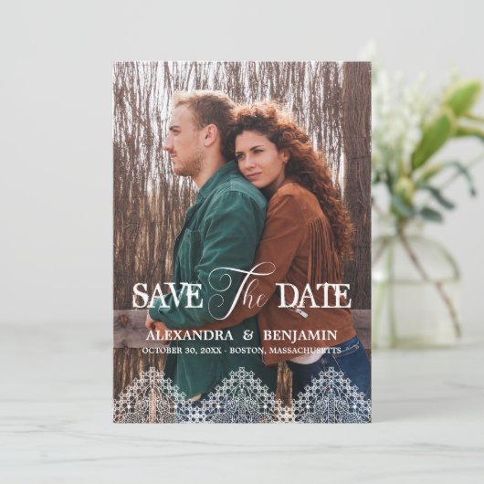 Boho Photo Lace Effect Whimsical Typography Save The Date (Staand voorkant)