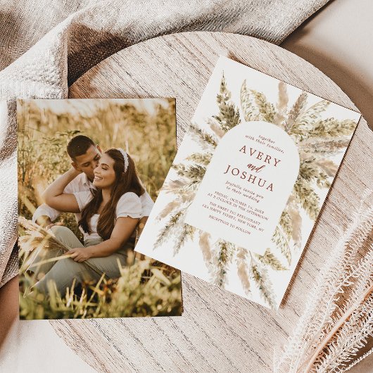 Boho Photo Wedding Invite Terracotta Pampas Grass Kaart