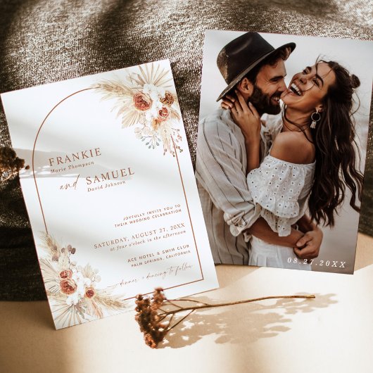 Boho Photo Wedding Invite Terracotta Pampas Grass Kaart