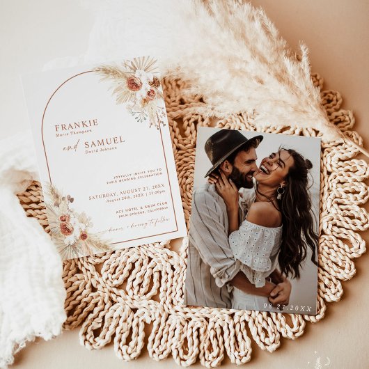 Boho Photo Wedding Invite Terracotta Pampas Grass Kaart