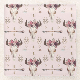 Boho pijlen en schedel, watercolor patroon. glazen onderzetter