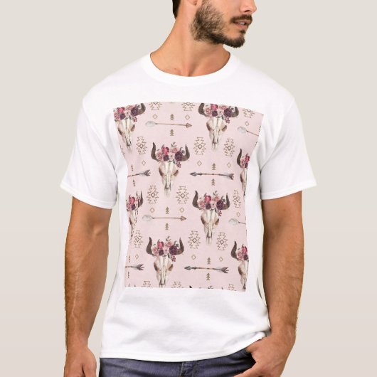 Boho pijlen en schedel, waterverf patroon. t-shirt (Voorkant)