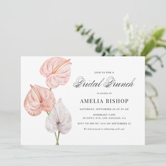 Boho Pink Anthuriums Tropische Floral Bridal Brunc Kaart (Staand voorkant)