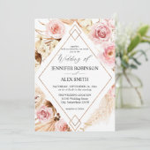 Boho Pink & Beige Floral Gold Wedding Kaart (Staand voorkant)