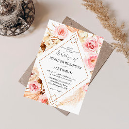Boho Pink & Beige Floral Gold Wedding Kaart