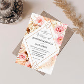 Boho Pink & Beige Floral Gold Wedding Kaart