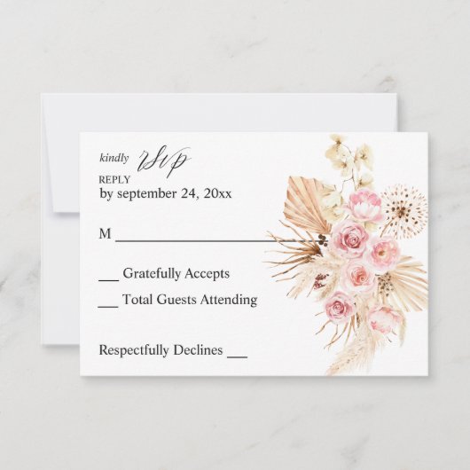 Boho Pink & Beige Floral Pampas Grass no Meal RSVP (Voorkant)