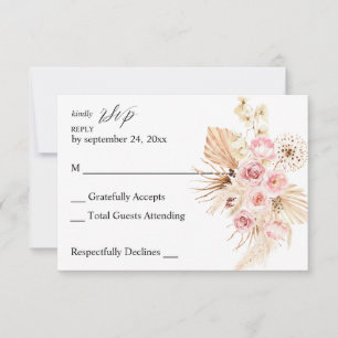 Boho Pink & Beige Floral Pampas Grass no Meal RSVP Kaartje