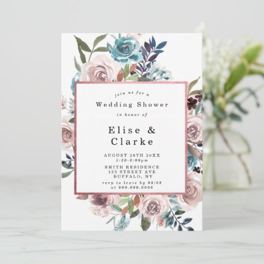Boho Pink Blauwgroen Peony Wedding Shower-uitnodig (Staand voorkant)
