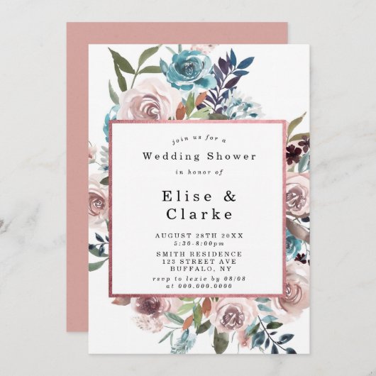 Boho Pink Blauwgroen Peony Wedding Shower-uitnodig (Voorkant / Achterkant)