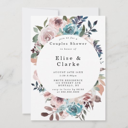 Boho Pink Blauwgroen Plum Peony Couples Shower Inv (Voorkant)