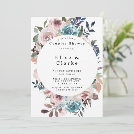 Boho Pink Blauwgroen Plum Peony Couples Shower Inv (Staand voorkant)