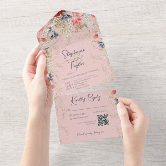 Boho Pink & Blue Floral Pink QR Code All In One Uitnodiging (Afscheurbaar)