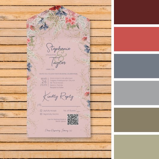 Boho Pink & Blue Floral Pink QR Code All In One Uitnodiging