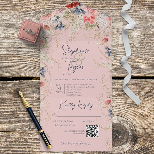 Boho Pink & Blue Floral Pink QR Code All In One Uitnodiging