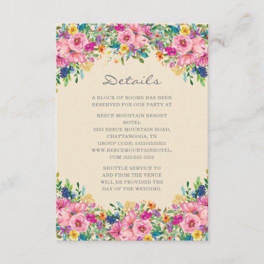 Boho Pink Blue Yellow Flowers Weddenschap Details Informatiekaartje (Voorkant)