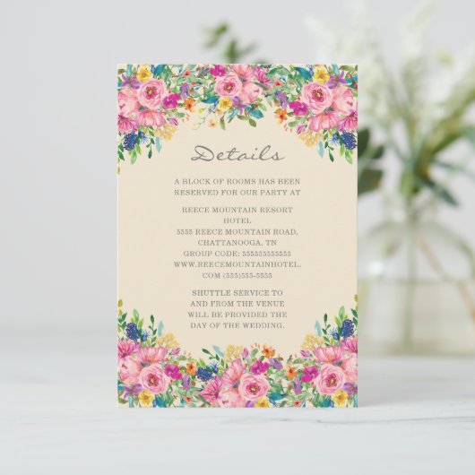 Boho Pink Blue Yellow Flowers Weddenschap Details Informatiekaartje (Staand voorkant)