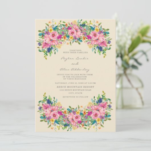 Boho Pink Blue Yellow Flowers Weddenschap Kaart (Staand voorkant)