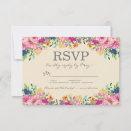 Boho Pink Blue Yellow Flowers Weddenschap RSVP Kaartje