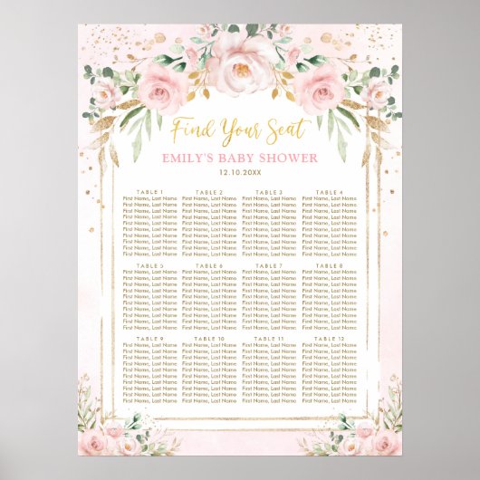 Boho Pink Blush Floral Girl Baby shower Seating Poster (Voorkant)