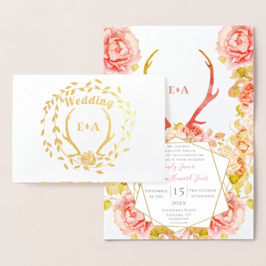 Boho Pink Blush Roos Gold Antler Weddenschap Real  Folie Kaarten (Display)