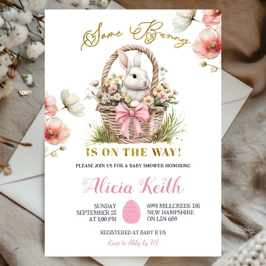 Boho Pink Bow Floral Easter Bunny Baby Shower Kaart