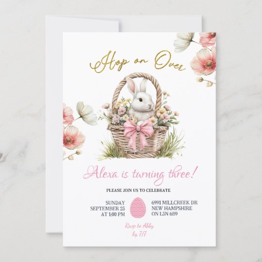 Boho Pink Bow Floral Easter Bunny Birthday Kaart (Voorkant)