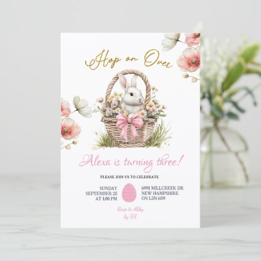 Boho Pink Bow Floral Easter Bunny Birthday Kaart (Staand voorkant)