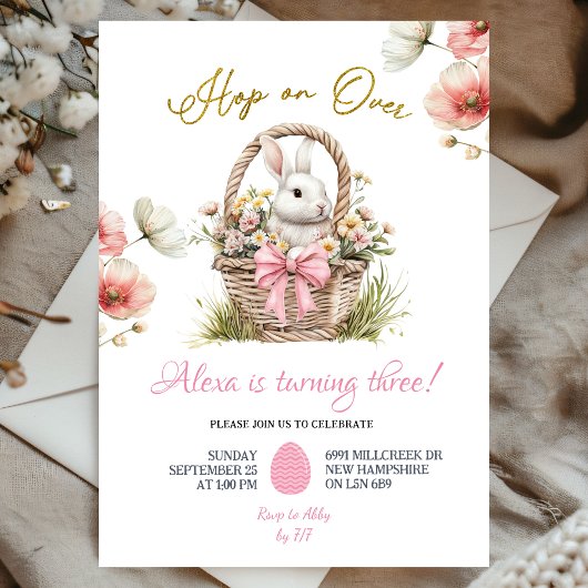 Boho Pink Bow Floral Easter Bunny Birthday Kaart