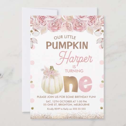 Boho Pink Brown Floral Pumpkin 1e verjaardag Kaart (Voorkant)
