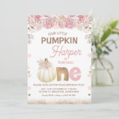 Boho Pink Brown Floral Pumpkin 1e verjaardag Kaart (Staand voorkant)