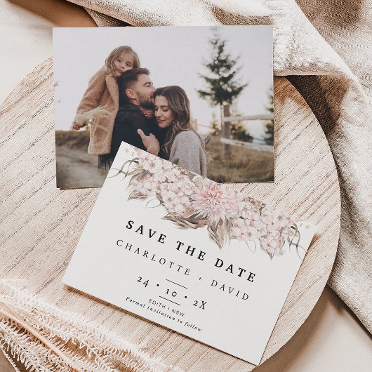 Boho Pink Brown Floral Wedding Save the Date Card Kaart