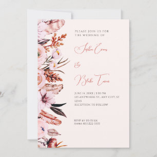 Boho Pink & Brown Flowers & Feathers Cream Wedding Kaart