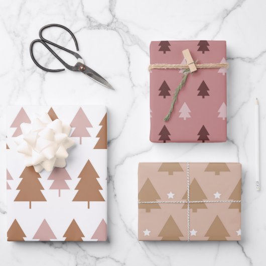 Boho Pink Brown White Kerstbomen Holiday Inpakpapier Vel (Voorkant)