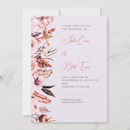 Boho Pink & Bruin Flowers/Feathers Paars Wedding Kaart