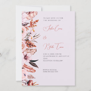 Boho Pink & Bruin Flowers/Feathers Paars Wedding Kaart