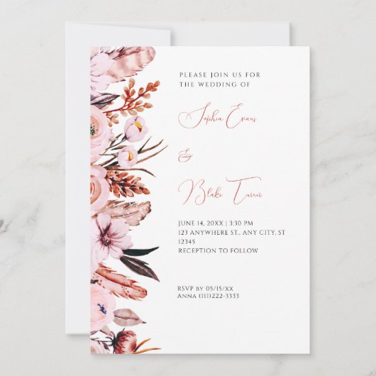 Boho Pink & bruine bloemen & veren Wit huwelijk Kaart (Voorkant)