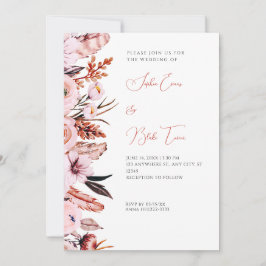 Boho Pink & bruine bloemen & veren Wit huwelijk Kaart