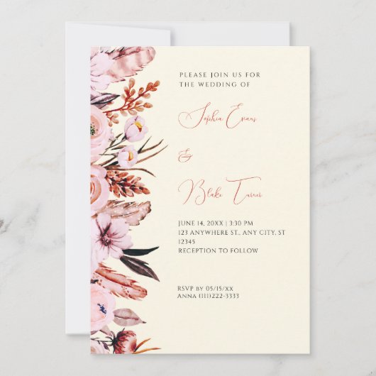 Boho Pink & bruine bloemen/Veters Geel huwelijk Kaart (Voorkant)