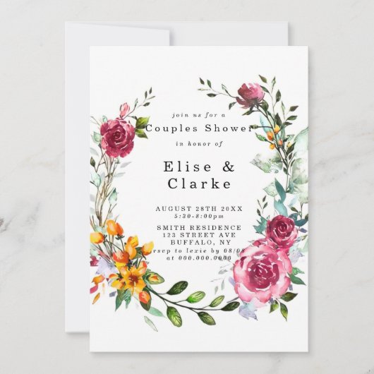 Boho Pink Burgundy Floral Couples Shower Invites (Voorkant)