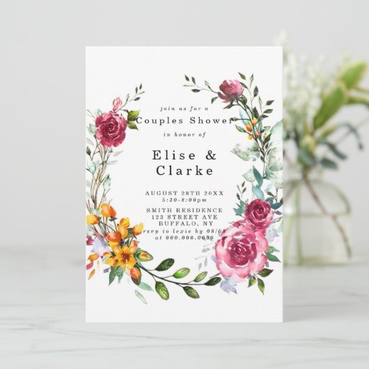 Boho Pink Burgundy Floral Couples Shower Invites (Staand voorkant)