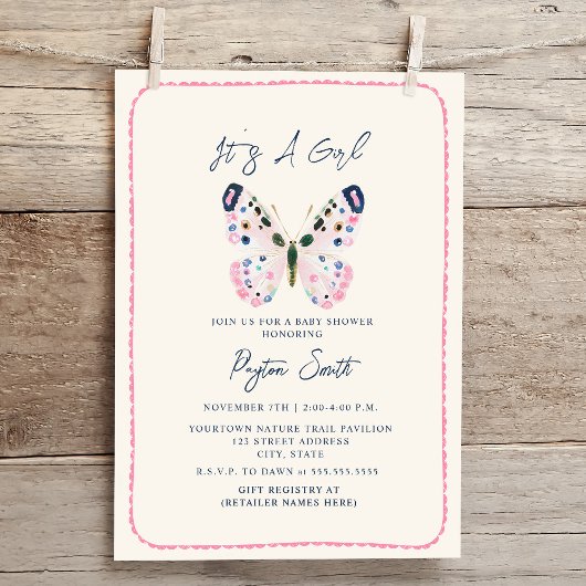 Boho Pink Butterfly Doodle Border Girl Baby shower Kaart